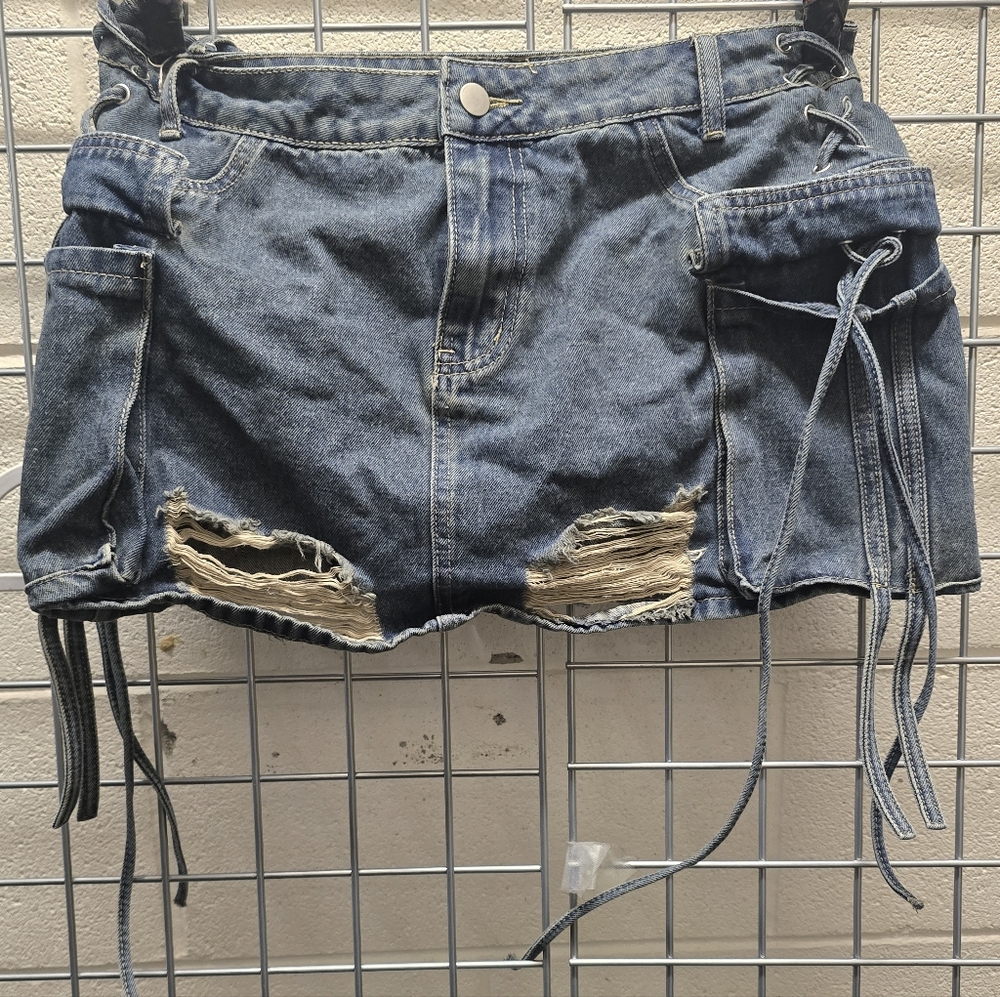 Distressed Denim Mini Skirt with Lace-Up Sides